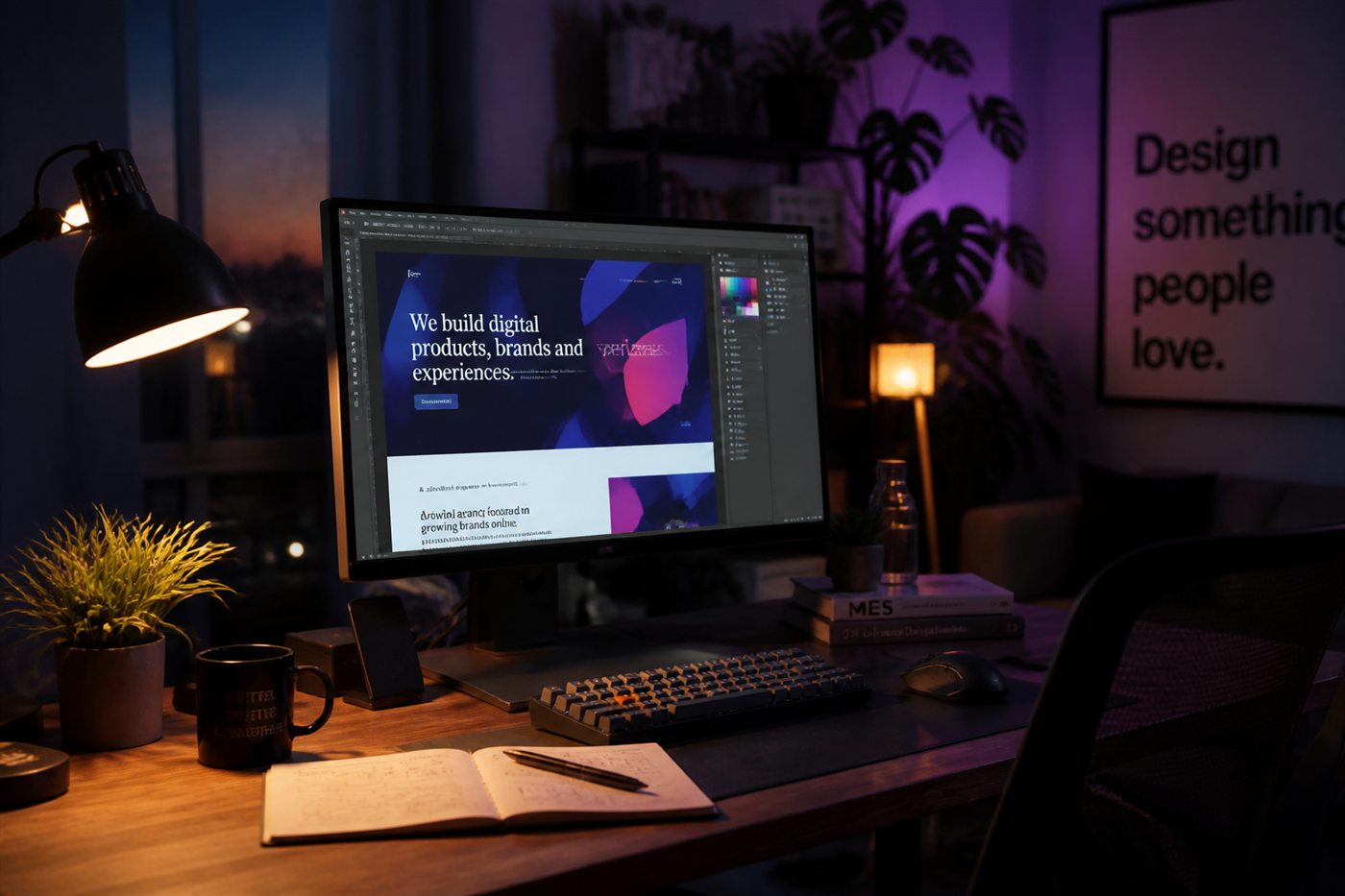 A stúdió munkaasztala — készülő weboldal a monitoron